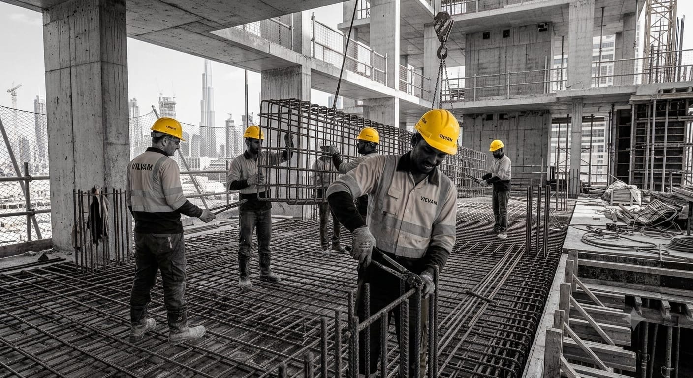 Steel fixers tying reinforcement bar on a construction site