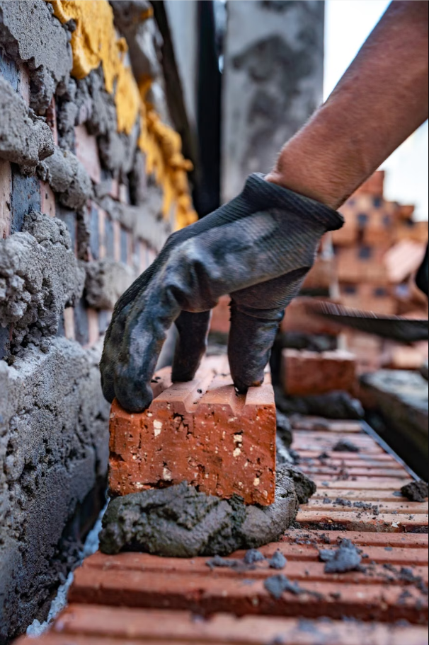 Mason laying a brick by hand on a construction site
