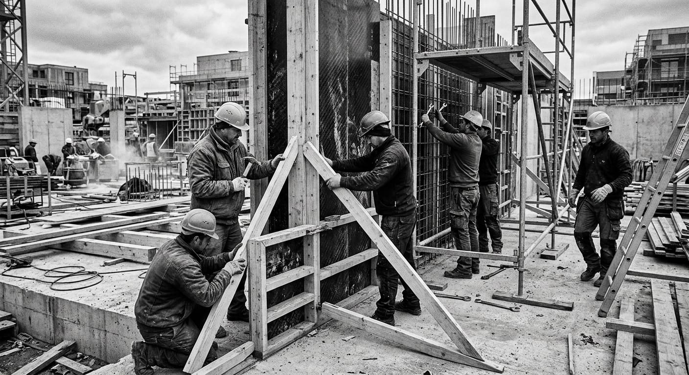 Carpenter building timber formwork structure at a construction site